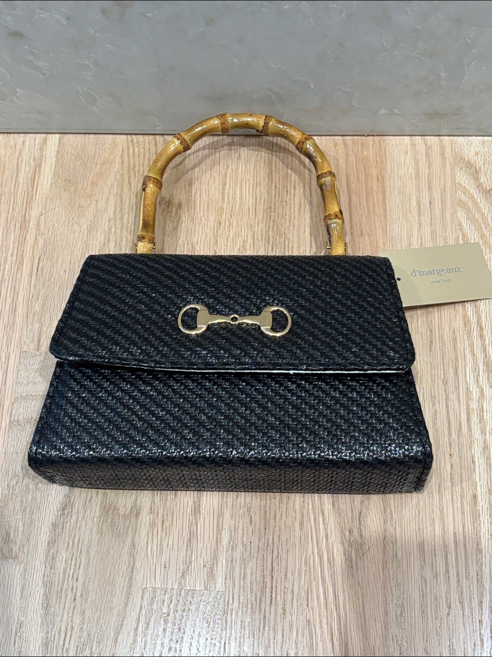 NWT D’Margeaux black Woven Handbag/crossbody with Bamboo Handle